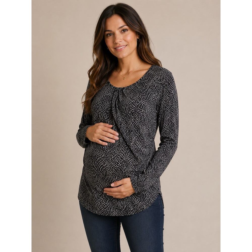 Motherhood Maternity Women’s XL Black White Long Sleeve Ruched Keyhole Top. - Picture 2 of 15